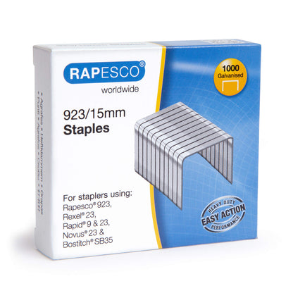 Rapesco 1239 923/15mm Galvanised Staples, Type 23, Box of 1000