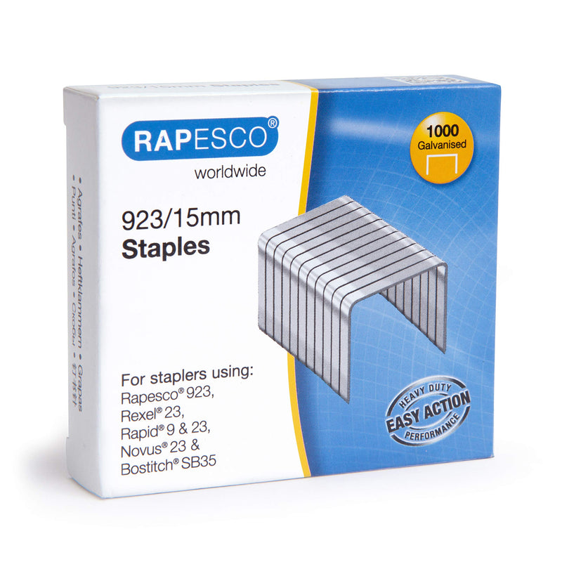 Rapesco 1239 923/15mm Galvanised Staples, Type 23, Box of 1000