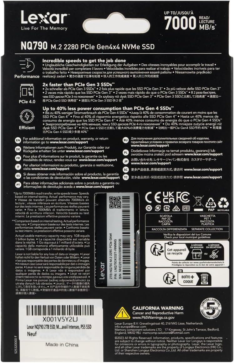 Lexar NQ790 2TB SSD, M.2 2280 PCIe Gen4x4 NVMe 1.4 Internal SSD, Up to 7000MB/s Read, Up to 6000MB/s Write, High Performance Internal Solid State Drive for Intense Workloads, PS5 SSD