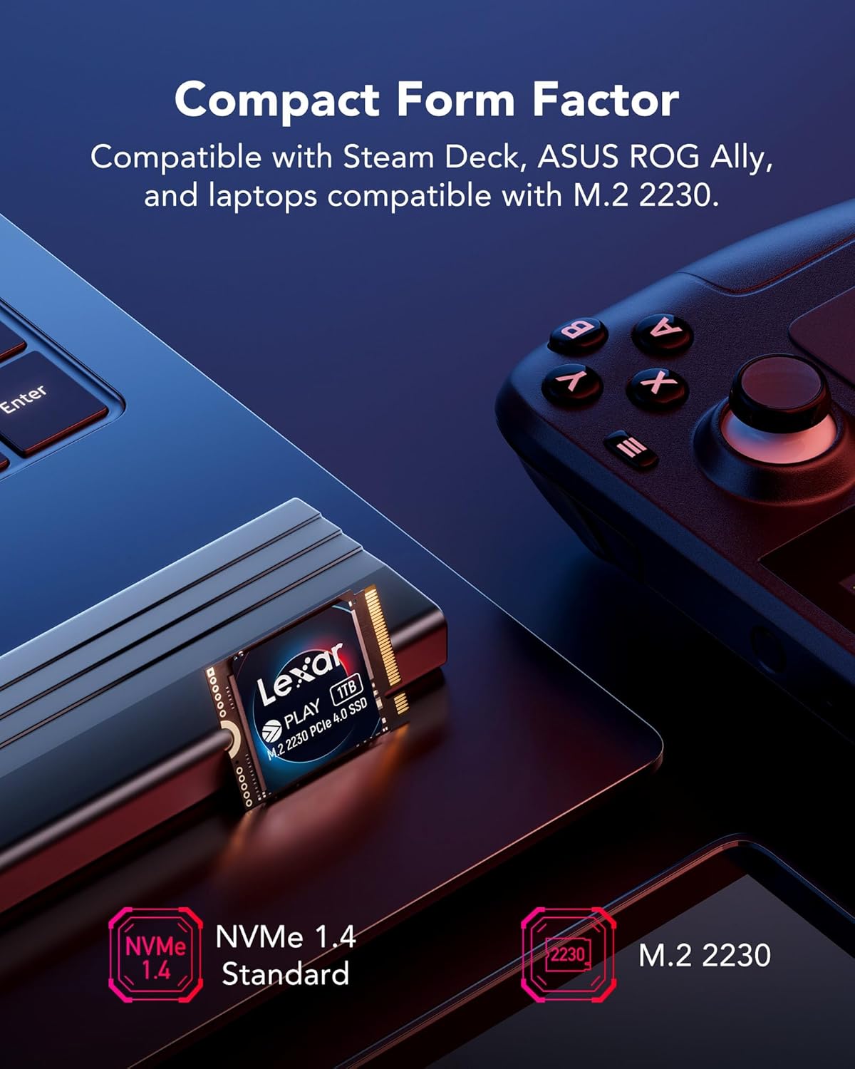 Lexar PLAY 2230 PCIe 4.0 Internal SSD 1TB, M.2 2230 PCIe Gen4x4 SSD, Up to 5200MB/s Read, 4700MB/s Write, Internal Solid State Drive Compatible with Steam Deck, ASUS ROG Ally (LNMPLAY001T-RNNNG)