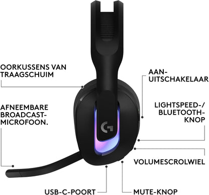 Logitech G G522 LIGHTSPEED draadloze gaming headset, LIGHTSYNC RGB, microfoon en geavanceerde gesynchroniseerde audio, drievoudige connectiviteit - LIGHTSPEED, Bluetooth, USB-A USB-C voor pc - Zwart