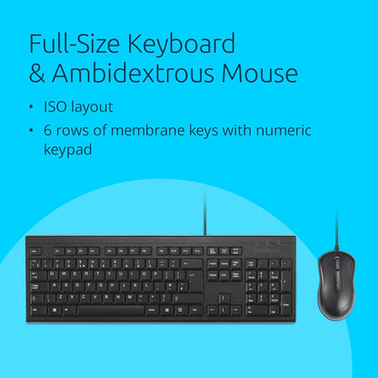 Kensington KM100 EQ Wired Full Size Keyboard and Ambidextrous Mouse Combo for desktop PC and laptop, spill-proof design, compatible with Windows and Mac, QWERTY ISO Layout, Black K75452UK