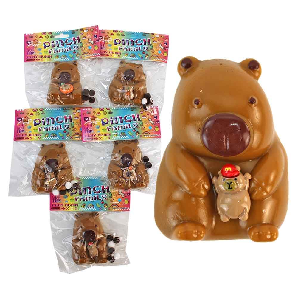 Stretch & knijp Capybara van rubber, 8 cm, set van 5, met hechtende stoffen ballen, kleurrijke motieven (bijv. met helm of kind