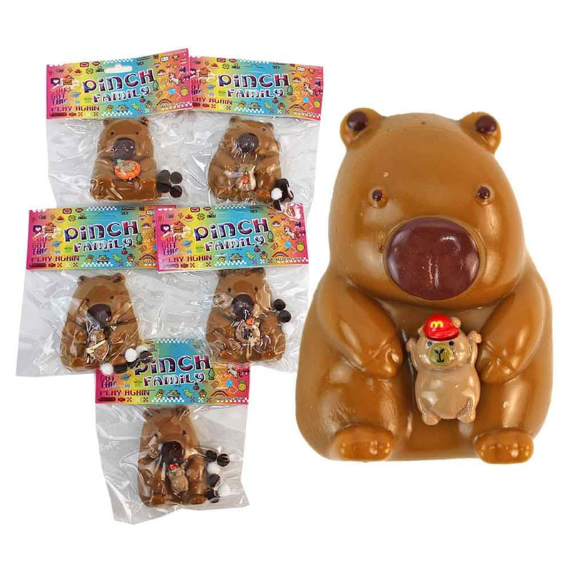 Stretch & knijp Capybara van rubber, 8 cm, set van 5, met hechtende stoffen ballen, kleurrijke motieven (bijv. met helm of kind