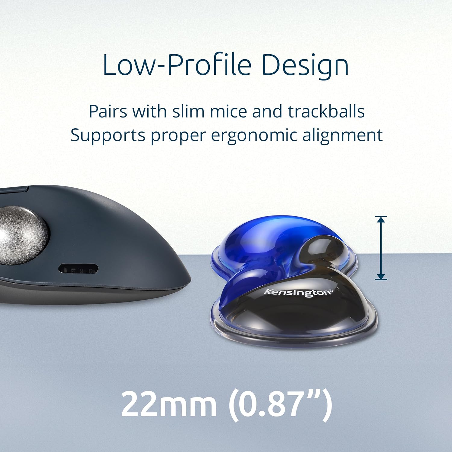 Kensington Slim Duo Gel Mouse and Trackball Wrist Rest, 192 x 72 x 22mm, Ergonomic Support for Wrist Strain and Discomfort, Compatible with Low Profile Mice and Trackballs, Black/Blue (K62439WW)