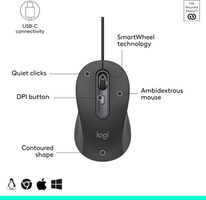 Logitech Signature Wired M520 for Business, Optical Wired Mouse, USB-C Plug-and-Play, Windows/Mac/Chrome/PC/laptops - Graphite