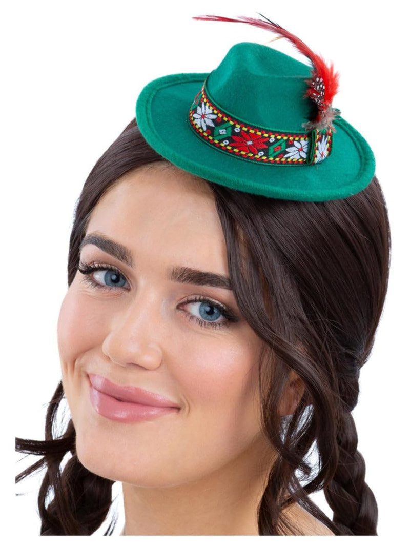 Smiffys Mini Bavarian Trenker Hat, Green with Hair Clips, Party Paperware Fancy Dress, Adult Dress Up Hats