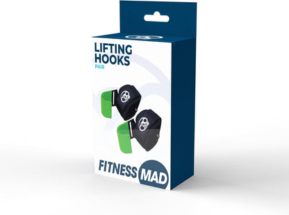 Fitness Mad Premium Lifting Hooks | Non Slip Rubber Coated Steel Hooks with Sturdy Padded Nylon Strap | Great for Deadlifts, Rows, & Powerlifting | Pair