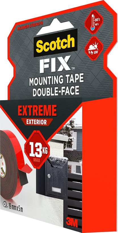 Scotch-Fix Double-Sided Extreme Exterior Mounting Tape - 1 Roll (19mm x 5m) - For Outdoor Extreme Use, Weather Resistant, Permanent Tape, 100% Adhesive, 3M Advanced Technology - Holds up to 13kg