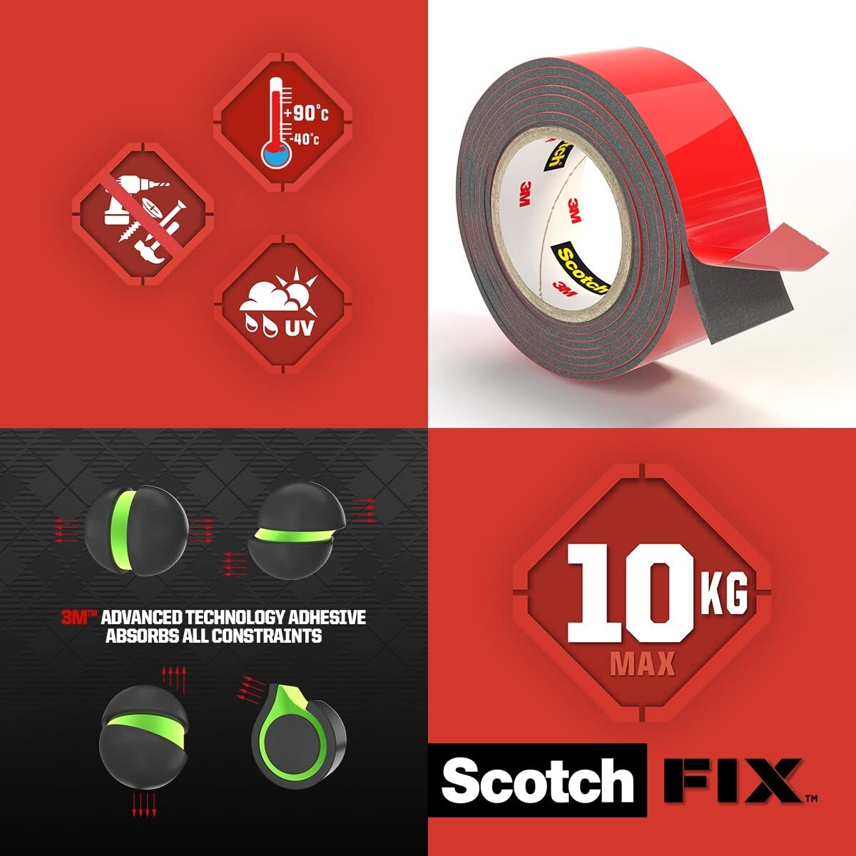 Scotch-Fix Double-Sided Extreme Exterior Mounting Tape - 1 Roll (19mm x 5m) - For Outdoor Extreme Use, Weather Resistant, Permanent Tape, 100% Adhesive, 3M Advanced Technology - Holds up to 13kg