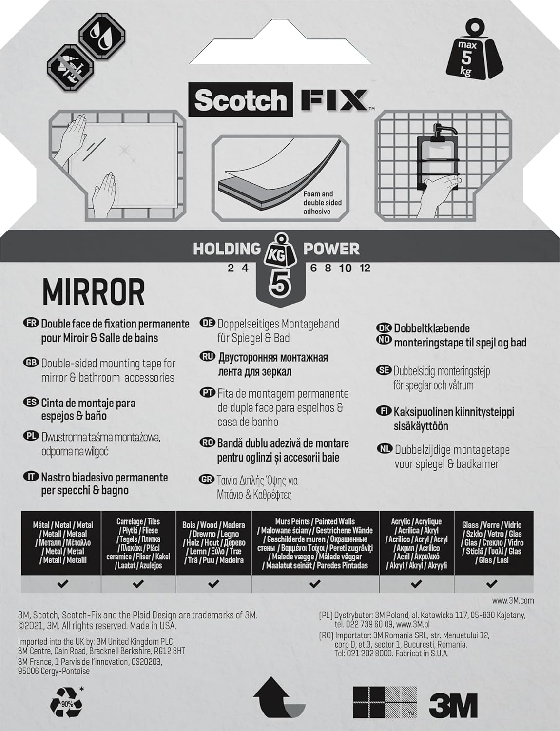 Scotch-Fix Mirror Double-Sided Mounting Tape, 19mm x 5m - For Indoor Use, Humid Areas, For Mirrors in Bathrooms and Kitchens, Works on Ceramic, Tiles, Finished Wood, Metal, Glass and Painted Walls