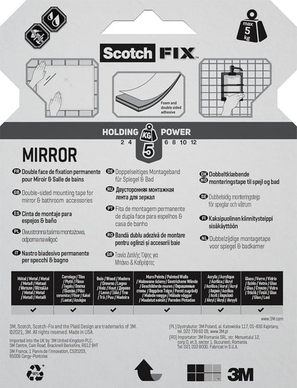 Scotch-Fix Mirror Double-Sided Mounting Tape, 19mm x 5m - For Indoor Use, Humid Areas, For Mirrors in Bathrooms and Kitchens, Works on Ceramic, Tiles, Finished Wood, Metal, Glass and Painted Walls