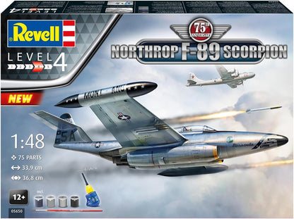 Revell Gift Set 05650 50th Anniversary. "Northrop F-89 Scorpion" 1:48 Scale Unbuilt Plastic Model Kits with Contacta Professional Glue, Paintbrush & Selected Aqua Color Paints