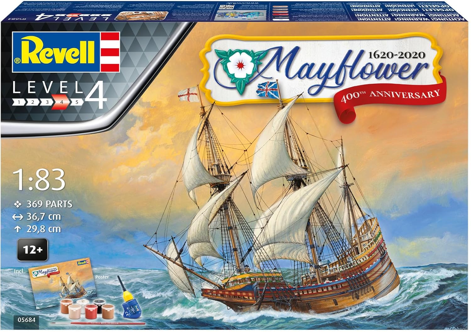 Revell Gift Set 05684 Mayflower 400th Anniversary 1:83 Scale Unbuilt Plastic Model Kit with Contacta Professional Glue, Paintbrush, Selected Aqua Color Paints & Poster