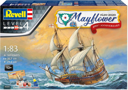 Revell Gift Set 05684 Mayflower 400th Anniversary 1:83 Scale Unbuilt Plastic Model Kit with Contacta Professional Glue, Paintbrush, Selected Aqua Color Paints & Poster