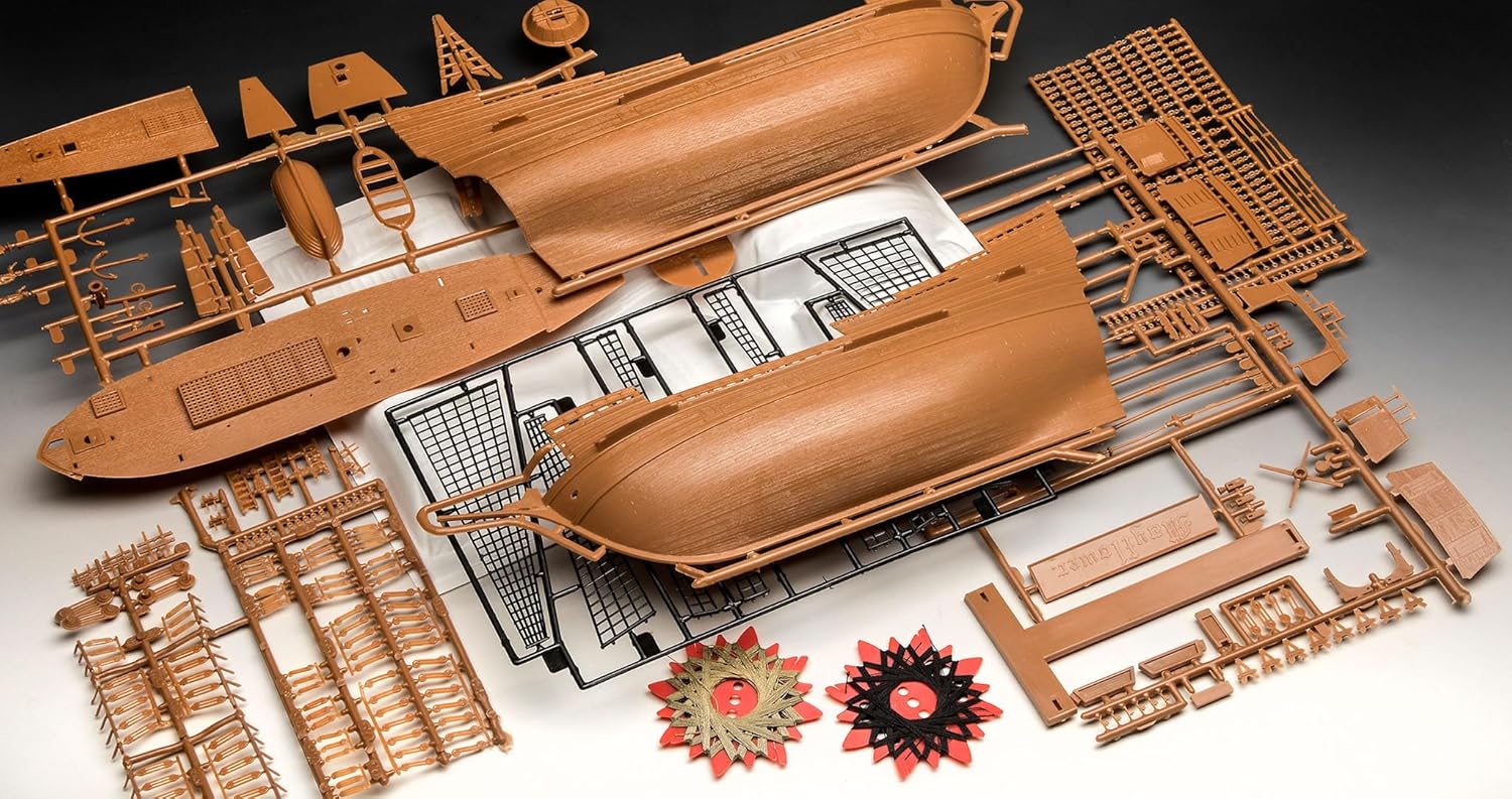 Revell Gift Set 05684 Mayflower 400th Anniversary 1:83 Scale Unbuilt Plastic Model Kit with Contacta Professional Glue, Paintbrush, Selected Aqua Color Paints & Poster