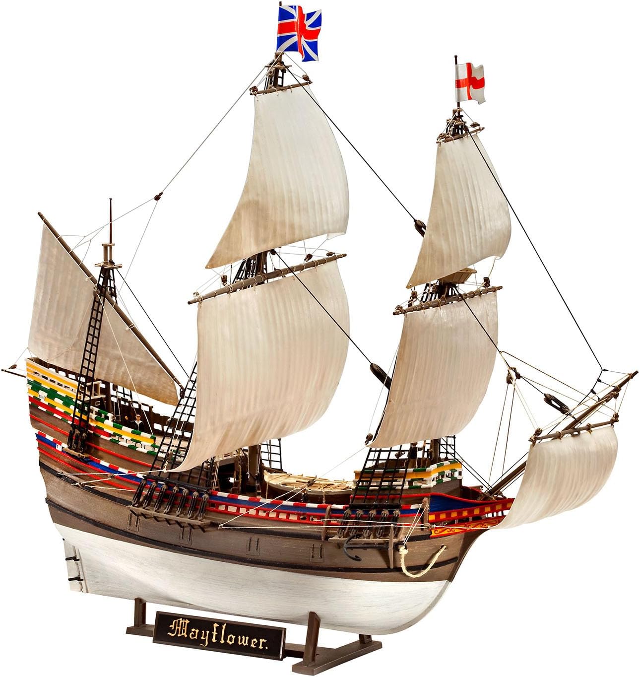 Revell Gift Set 05684 Mayflower 400th Anniversary 1:83 Scale Unbuilt Plastic Model Kit with Contacta Professional Glue, Paintbrush, Selected Aqua Color Paints & Poster