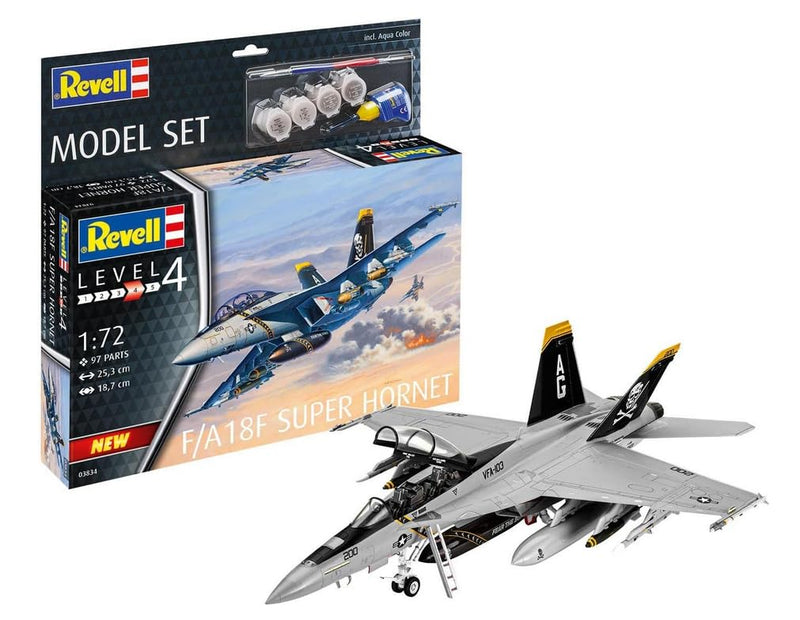 Revell Model Set 63834 F/A-18F Super Hornet 1:72 Scale Unbuilt/Unpainted Plastic Model Kit with Contacta Professional Glue, Paintbrush & Selected Aqua Color Paints