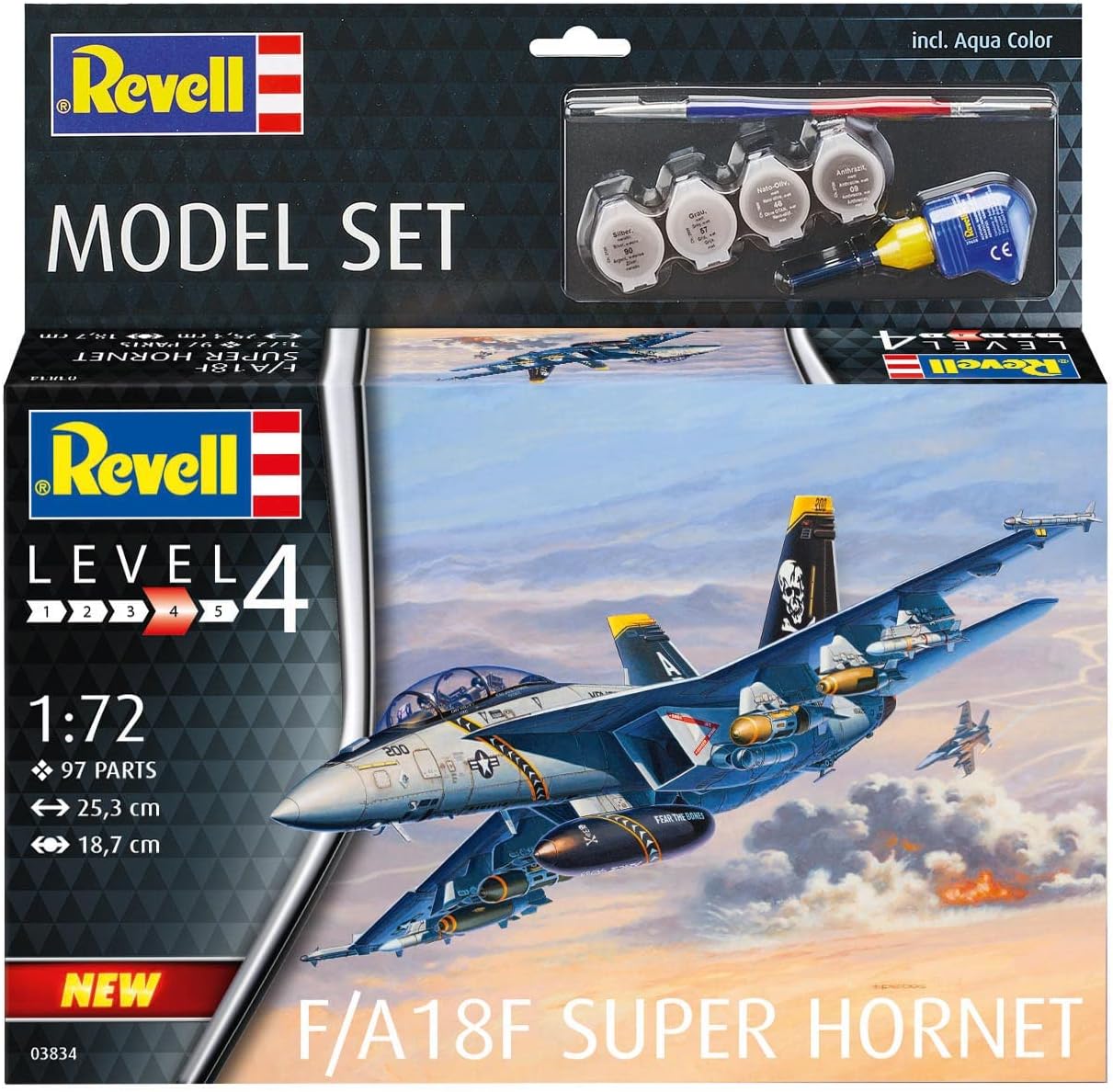 Revell Model Set 63834 F/A-18F Super Hornet 1:72 Scale Unbuilt/Unpainted Plastic Model Kit with Contacta Professional Glue, Paintbrush & Selected Aqua Color Paints