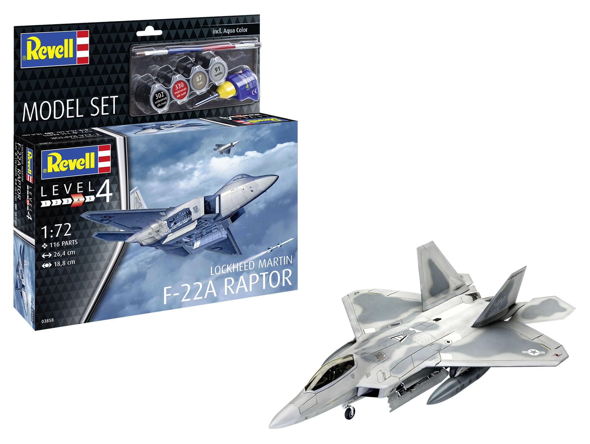 Revell Lockheed Martin F-22A Raptor - Maqueta de avión de combate con sigilo (incluye armamento, pegamento y pincel