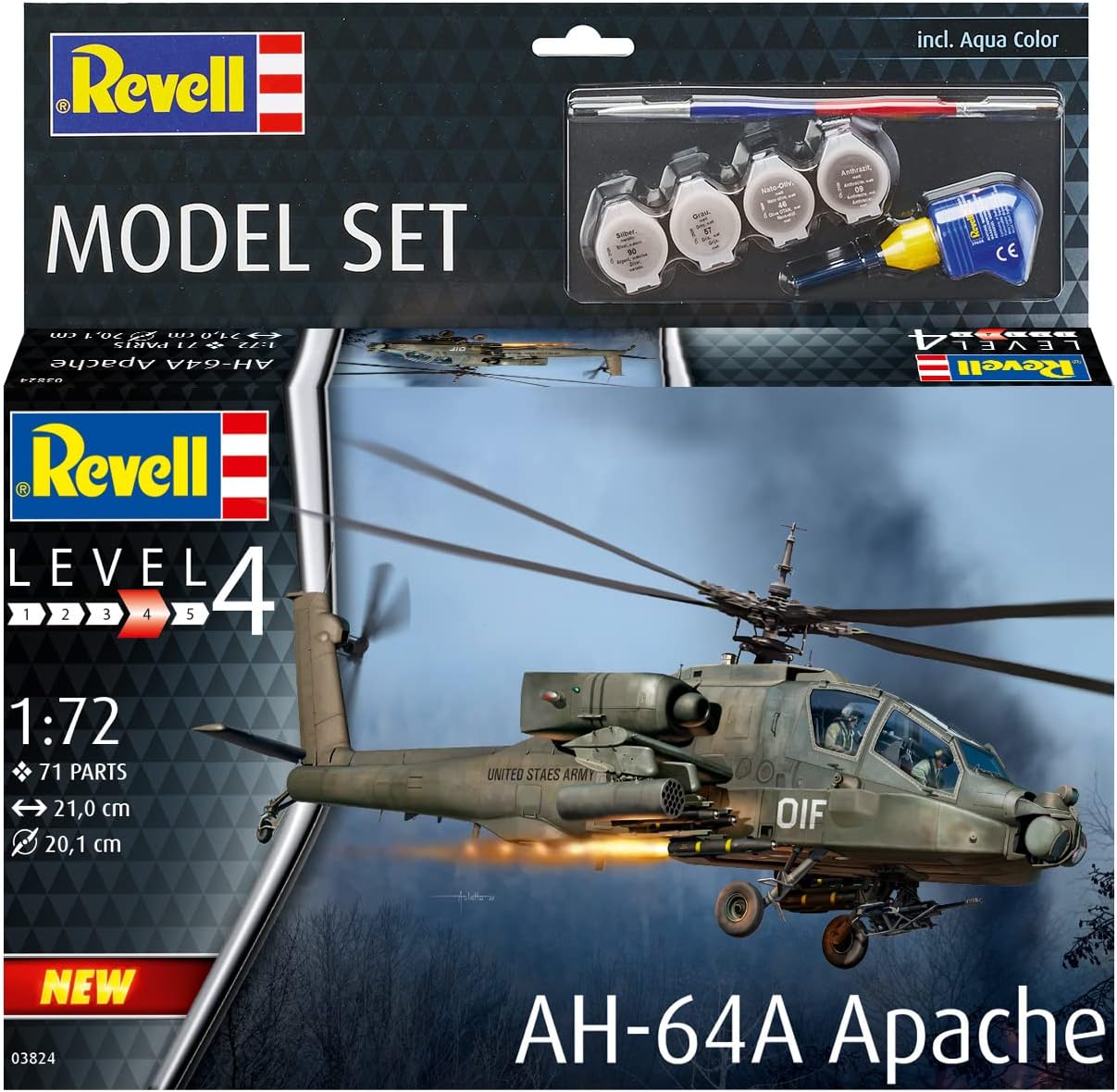 Revell 63824 1:144-Modellsatz AH-64A Apache Army originalgetreuer Modellbausatz für Fortgeschrittene, unlackiert