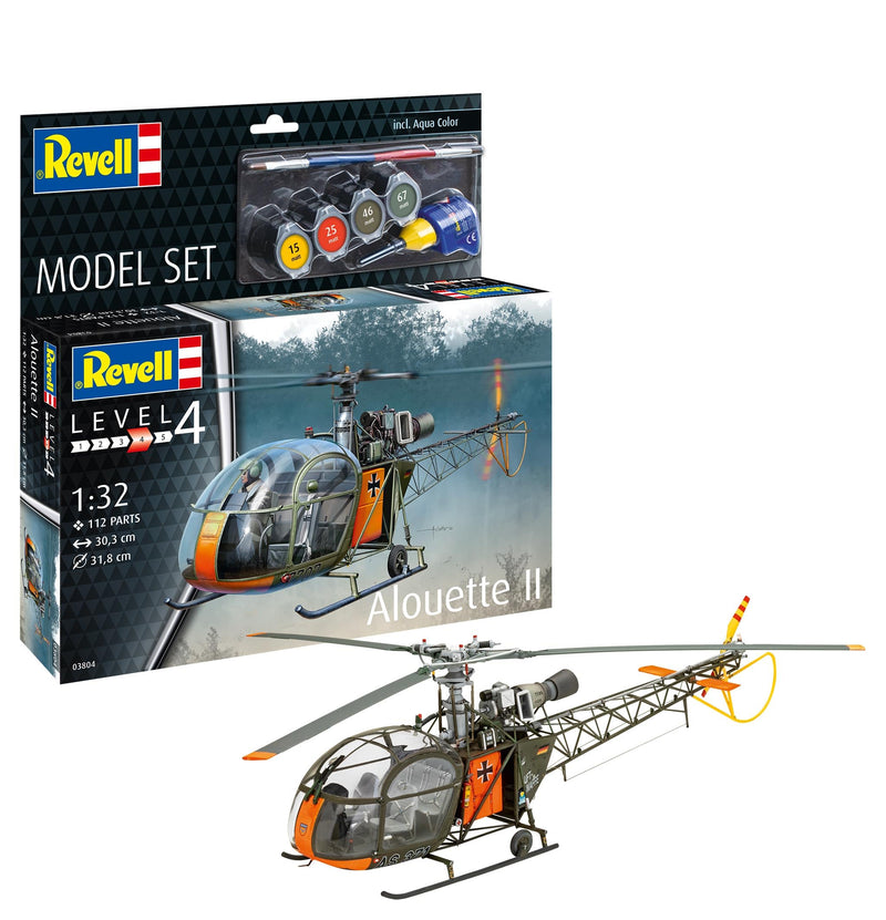 Revell Model Set 63804 Alouette II 1:32 Scale Unbuilt/Unpainted Plastic Model Kit with Contacta Professional Glue, Paintbrush & Selected Aqua Color Paints