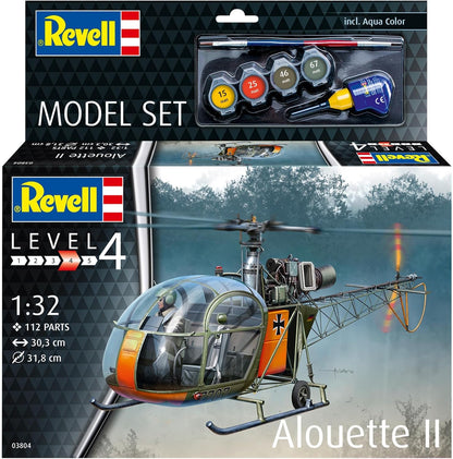 Revell Model Set 63804 Alouette II 1:32 Scale Unbuilt/Unpainted Plastic Model Kit with Contacta Professional Glue, Paintbrush & Selected Aqua Color Paints