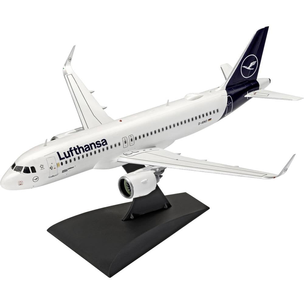 Revell Model Set 63942 Airbus A320neo Lufthansa "New Livery" 1:144 Scale Unbuilt/Unpainted Plastic Model Kit with Contacta Professional Glue, Paintbrush & Selected Aqua Color Paints