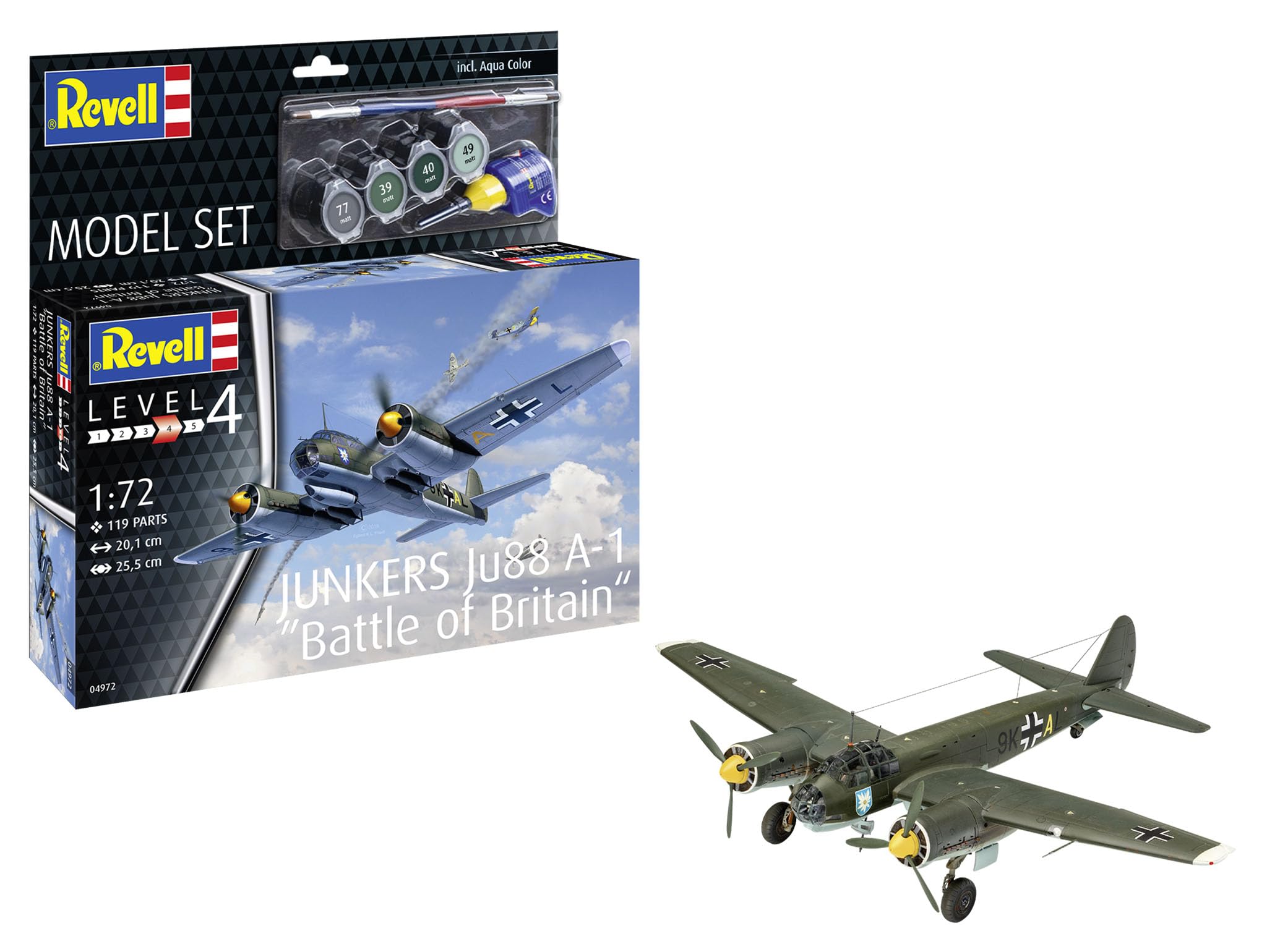 Revell Model Set 64972 Junkers Ju88 A-1 "Battle of Britain 1:72 Scale Unbuilt/Unpainted Plastic Model Kit with Accessories