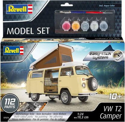 Revell Easy-Click Model Set 67676 VW T2 Camper 1:24 Scale Unbuilt/Unpainted/Click-Together (Non-Glue) Plastic Model Kit with Paintbrush & Selected Aqua Color Paints