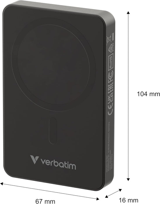 Verbatim Charge 'n' Go Essentials Power Bank MagSafe 10000mAh 15W Magnetic PD 20W Fast Charge with LED Indicator for iPhone 16/15/14/13/12 Pro/Pro Max, Includes USB-C to USB-C Cable, Black