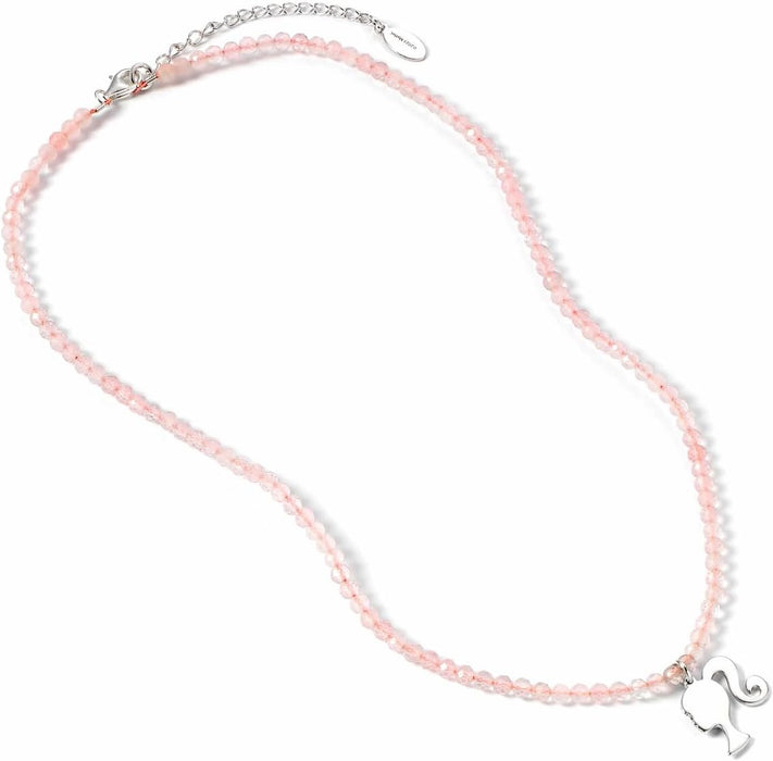 Barbie Sterling Silver Silhouette Charm on a Rose Quartz Bead Necklace