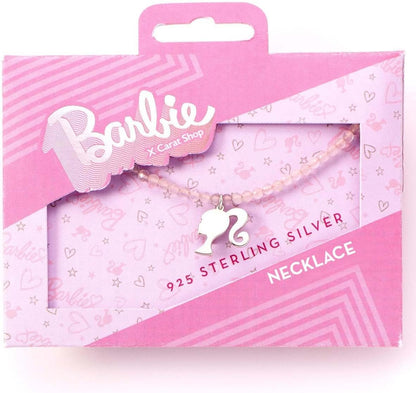 Barbie Sterling Silver Silhouette Charm on a Rose Quartz Bead Necklace