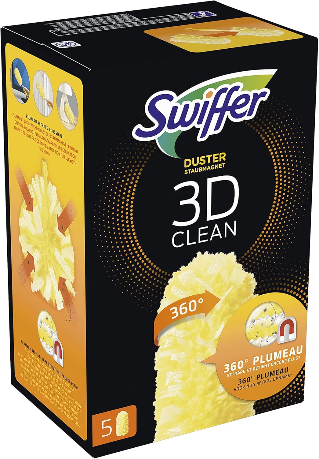 Swiffer 3D Clean Piumini Catturapolvere, 5 Piumini Duster, Migliaia Di Morbide Fibre Cattura Polvere E Sporco, Raggiunge I Punti Più Difficili Della Casa, Ottimo Per I Peli Di Animali, Maxi Formato