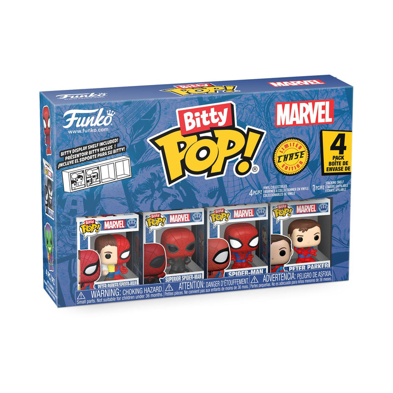 Funko Bitty Pop! Spider-Man - Parker Split - 4 Pack - 1/6 Odds for Rare Chase Variant and A Surprise Mystery Mini Figure - 0.9 Inch (2.2 Cm) - Marvel Comics Collectable - Gift Idea