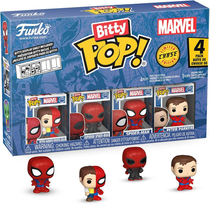 Funko Bitty Pop! Spider-Man - Parker Split - 4 Pack - 1/6 Odds for Rare Chase Variant and A Surprise Mystery Mini Figure - 0.9 Inch (2.2 Cm) - Marvel Comics Collectable - Gift Idea
