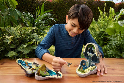 Mattel Jurassic World Rebirth Avonturen in Microland, Tyrannosaurus Rex-kop met 4 interactieve functies, 3 microfiguren, T-Rex dinosaurusspeelgoed, JGB97
