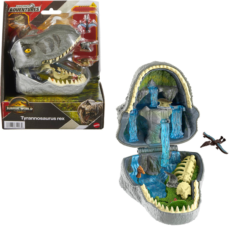 Mattel Jurassic World Rebirth Avonturen in Microland, Tyrannosaurus Rex-kop met 4 interactieve functies, 3 microfiguren, T-Rex dinosaurusspeelgoed, JGB97