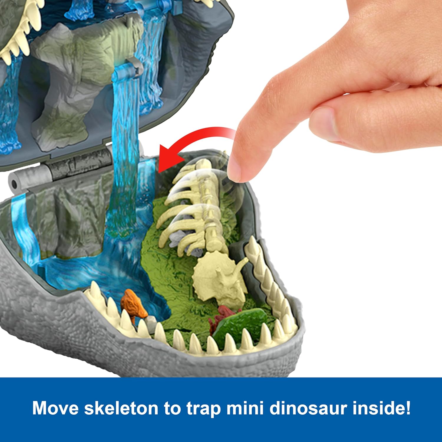 Mattel Jurassic World Rebirth Avonturen in Microland, Tyrannosaurus Rex-kop met 4 interactieve functies, 3 microfiguren, T-Rex dinosaurusspeelgoed, JGB97