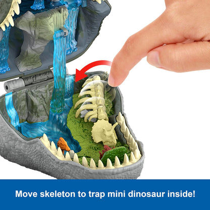 Mattel Jurassic World Rebirth Avonturen in Microland, Tyrannosaurus Rex-kop met 4 interactieve functies, 3 microfiguren, T-Rex dinosaurusspeelgoed, JGB97