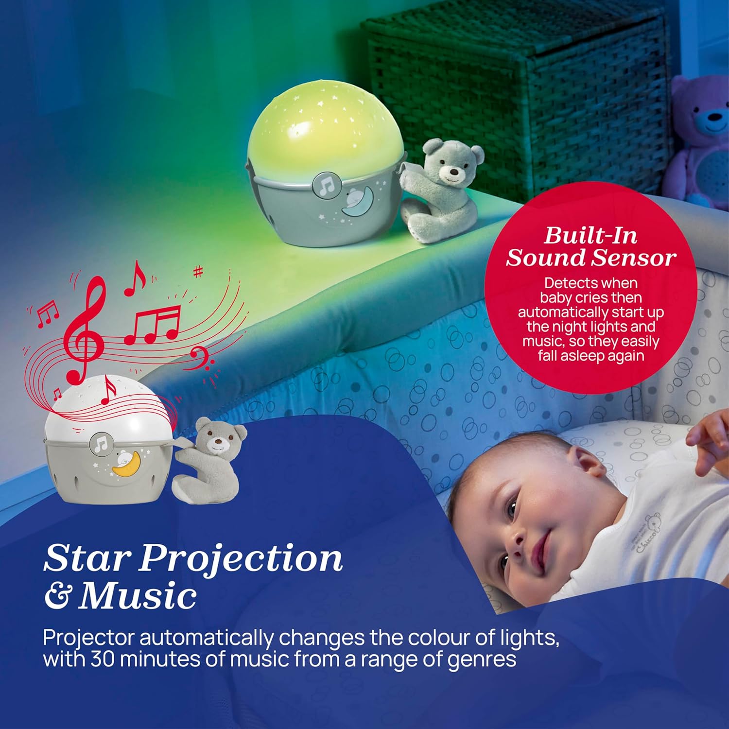 Chicco - Projectielamp Next2Stars - Sterrenprojector voor Baby - Sfeerlicht en Muziek - Voor Babybed of Reiswieg - Inclusief Knuffelbeertje