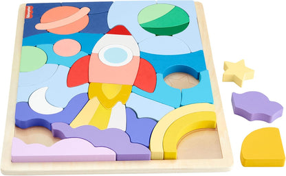 Fisher-Price Wood Preschool Toy Space Blocks Jigsaw Puzzle, 42 Wooden Pieces for Stacking & Sorting Play Kids Ages 3+ Years, HXY42