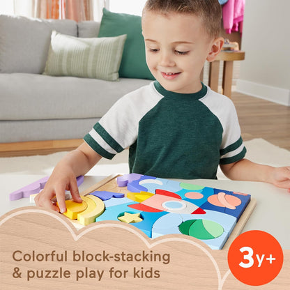 Fisher-Price Wood Preschool Toy Space Blocks Jigsaw Puzzle, 42 Wooden Pieces for Stacking & Sorting Play Kids Ages 3+ Years, HXY42