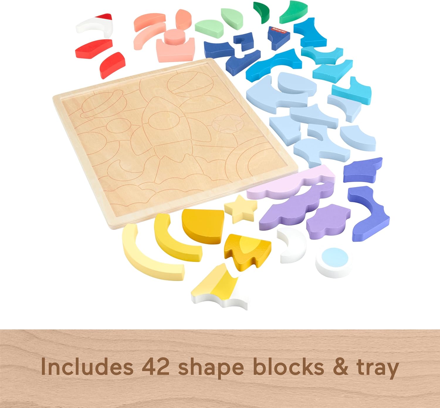 Fisher-Price Wood Preschool Toy Space Blocks Jigsaw Puzzle, 42 Wooden Pieces for Stacking & Sorting Play Kids Ages 3+ Years, HXY42
