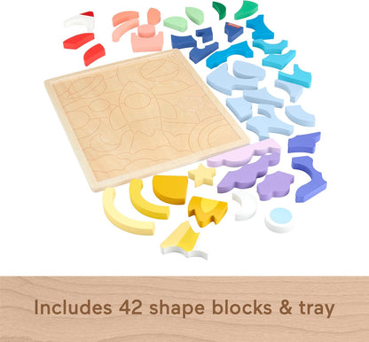 Fisher-Price Wood Preschool Toy Space Blocks Jigsaw Puzzle, 42 Wooden Pieces for Stacking & Sorting Play Kids Ages 3+ Years, HXY42