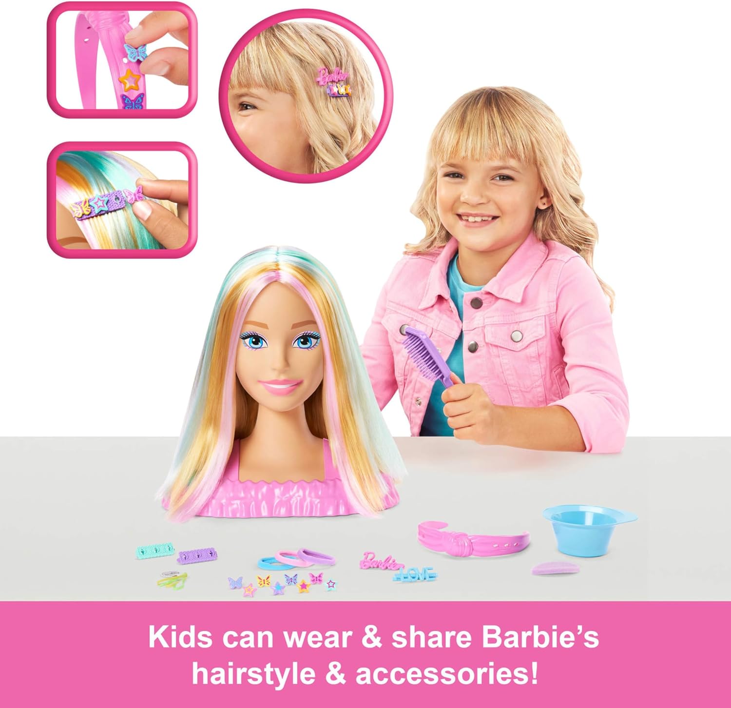 Barbie Doll Styling Head with 20+ Hair Styling Accessories Including Star & Butterfly Color Change Hair Clips, JFG81