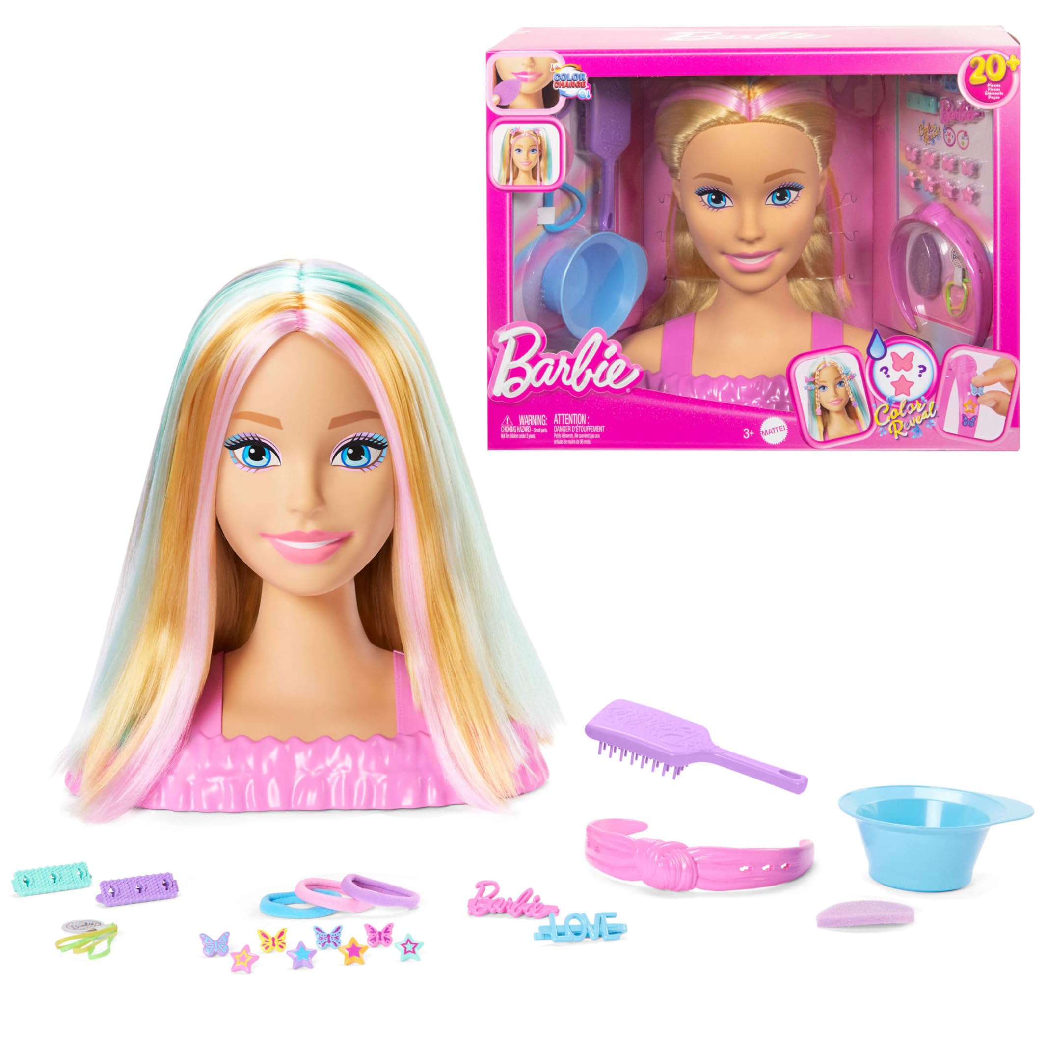 Barbie Doll Styling Head with 20+ Hair Styling Accessories Including Star & Butterfly Color Change Hair Clips, JFG81
