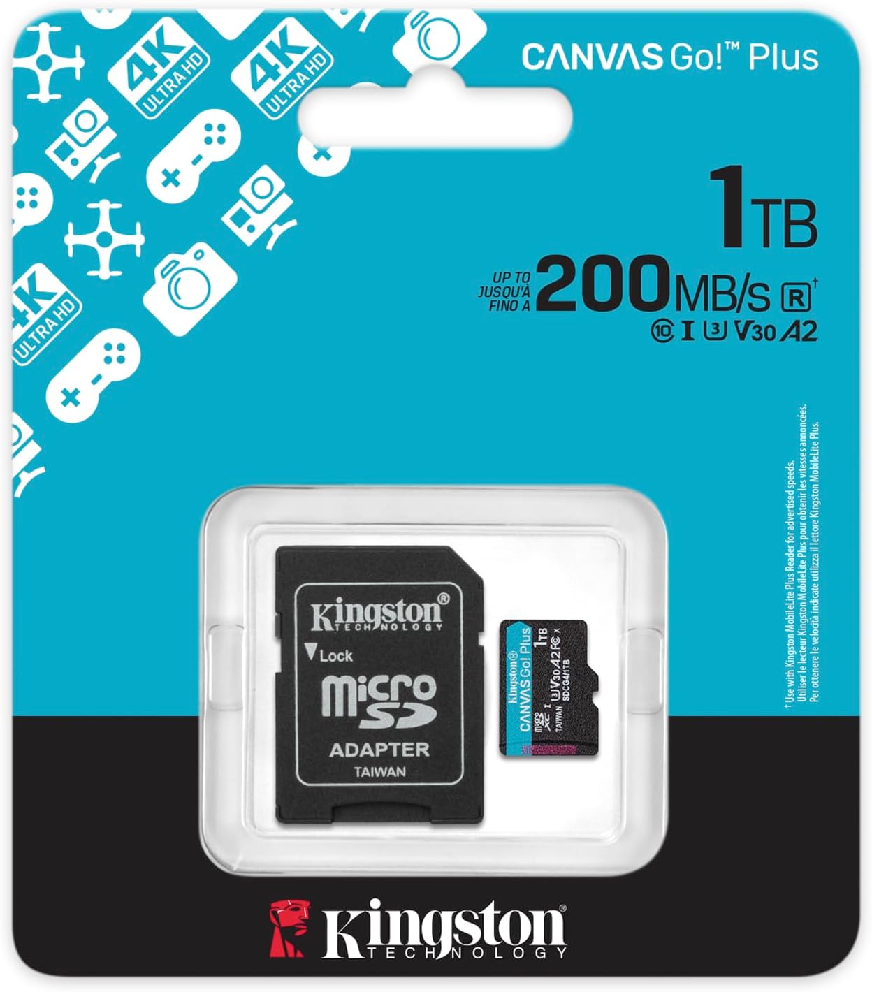Kingston Canvas Go Plus microSDXC Memory Card Gen4 200MB/s A2 U3 V30 1TB Card + Adapter-SDCG4/1TB
