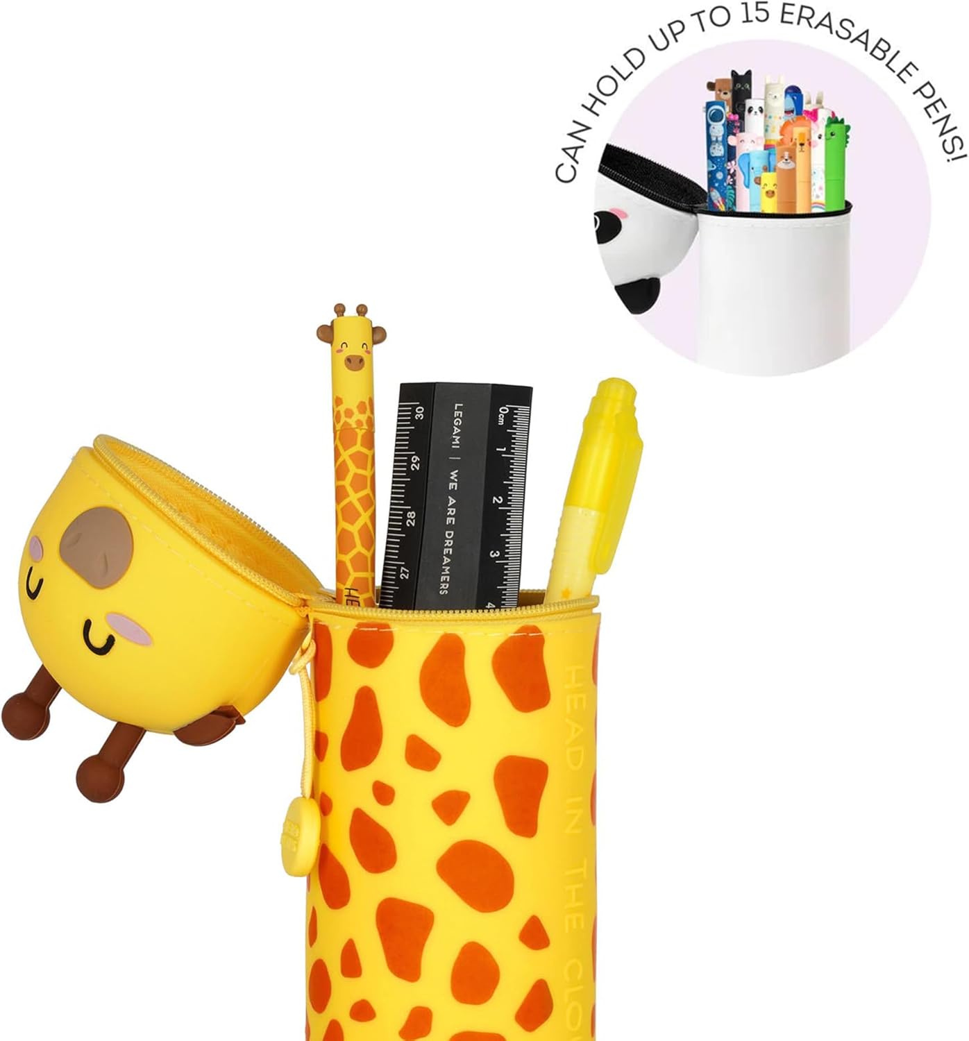 LEGAMI - Kawaii 2-in-1 Soft Silicone Pencil Case, Giraffe-Shaped Pouch, Pen Holder, Silicone Zipper, Pen Pouch, Pencils, Markers, H 18.5 cm, Yellow, Soft