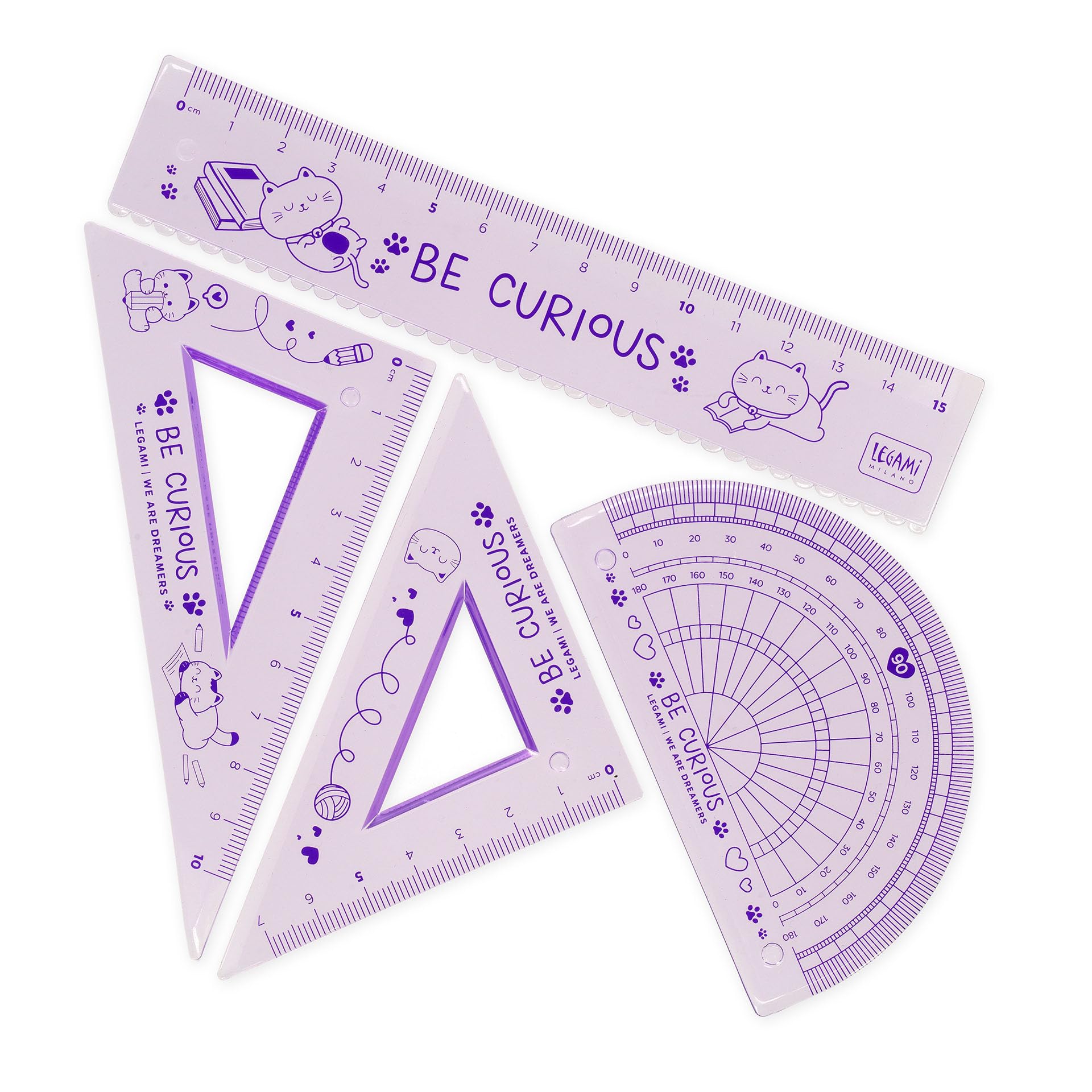 Legami - Geometry Set, Set with 15 cm Ruler, 60 ° Square 10 cm, 180° Protractor for School, Case Included, Flexible Material, Kitty Theme